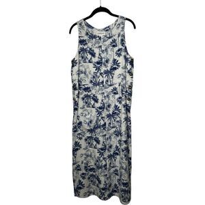 Peck & Peck Maxi Dress Size L Sleeveless Linen Blend Palm Trees Blue White